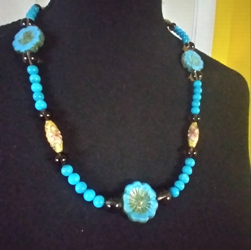 💎REAL💥 23" Turquoise, Smokey Quartz, Cloisonne & Czech Glass🌺Flower Necklace